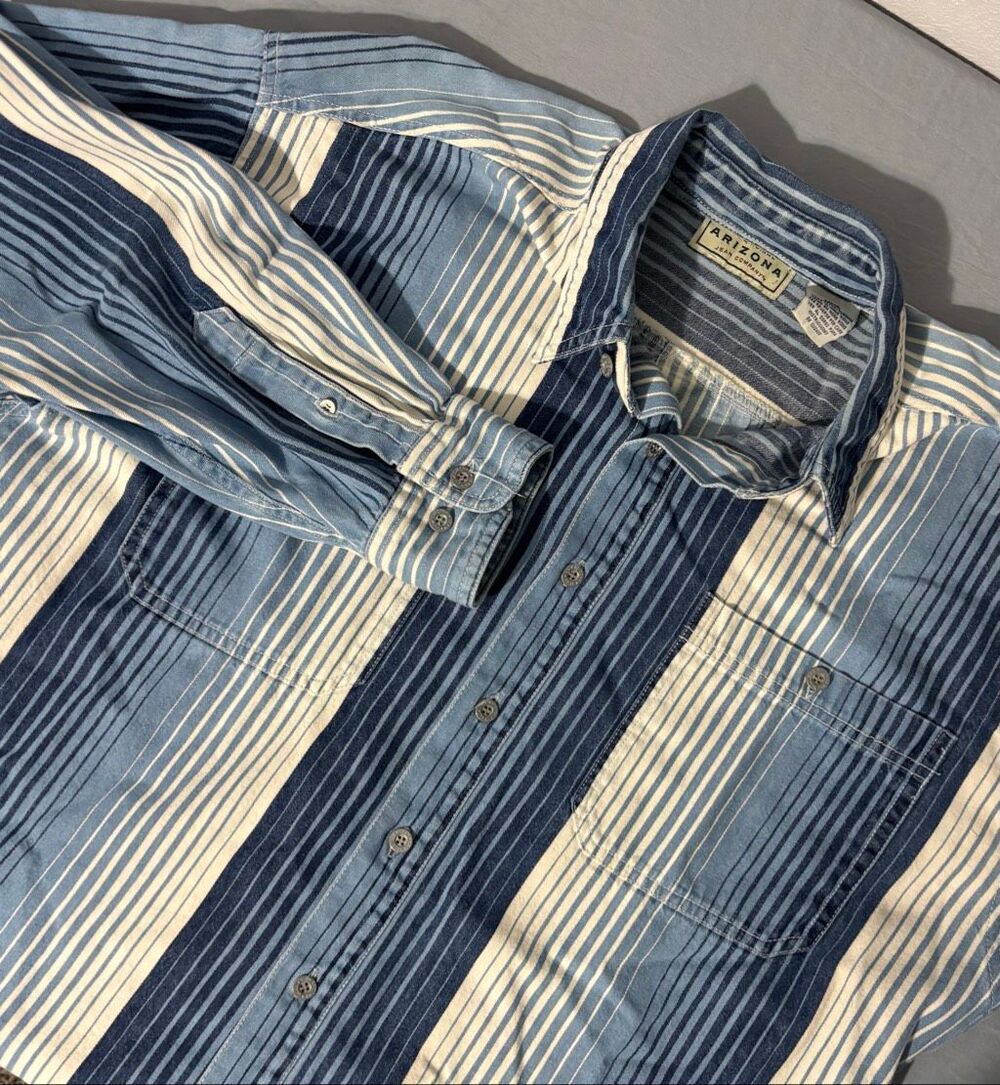 Arizona Jeans Co Striped Denim Shirt Grunge Skater Large Cotton Blue White